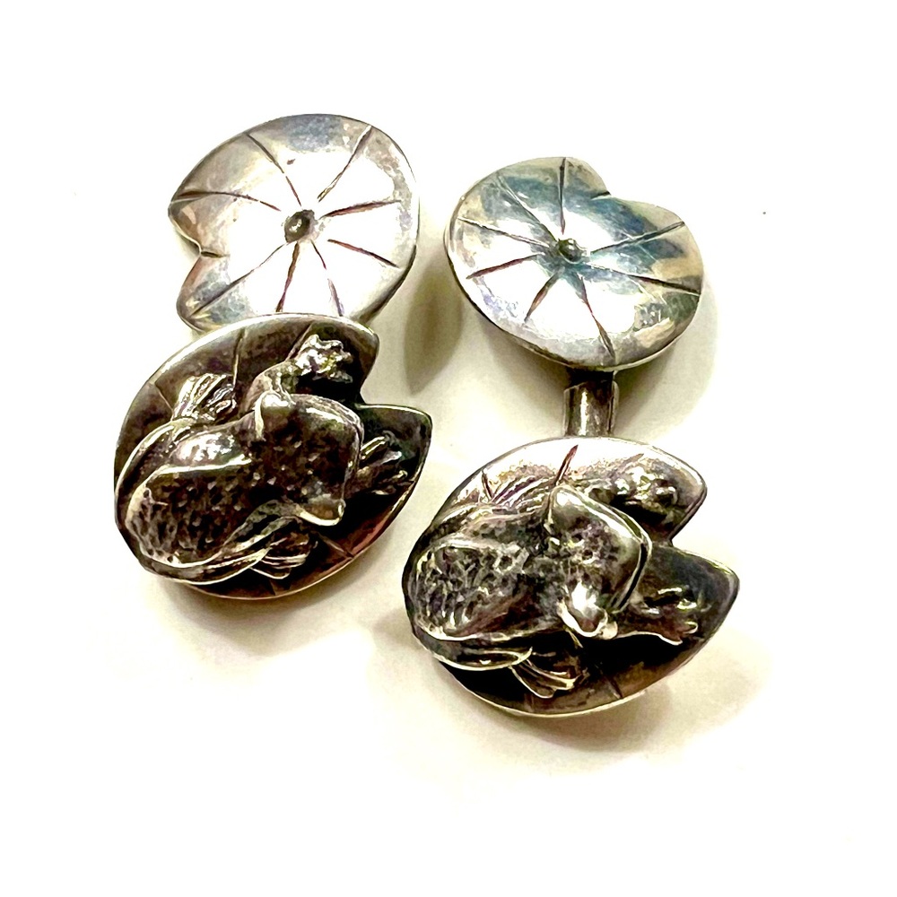 Vintage Sterling Silver Mappin & Webb Frog on Lily Pad Chain Cufflinks